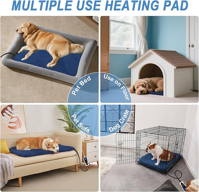 Bestio Cat Heating Pad, 22×18 in Heating Dog Bed Suitable for Medium and Small Pets, Adjustable Thermostat+Constant ON Function with Plush Cover - Blue