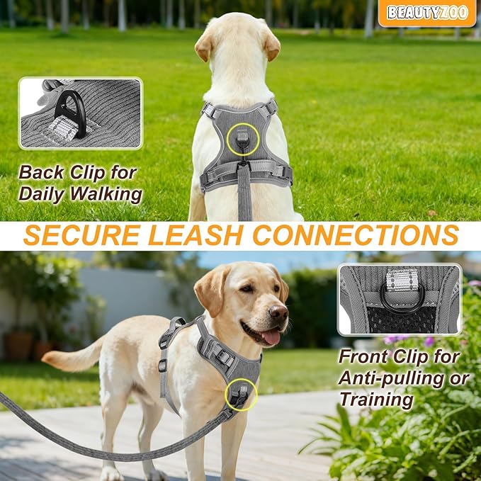 BEAUTYZOO No Pull Dog Harness Large, Adjustable Dog Harness and Leash Set -Easy Wearing with 3 Buckles/Control Handle,No Choke Soft Padded Reflective Pet Vest for Training Walking Hiking,Grey S