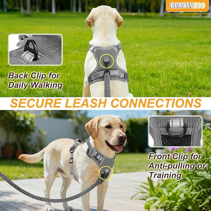 BEAUTYZOO No Pull Dog Harness Large, Adjustable Dog Harness and Leash Set -Easy Wearing with 3 Buckles/Control Handle,No Choke Soft Padded Reflective Pet Vest for Training Walking Hiking,Grey S