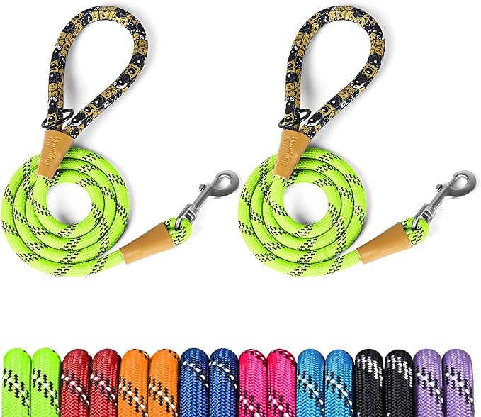 lynxking Rope Dog Leash 6 FT with Comfortable Padded Handle, Highly Reflective Threads Leash for Small Medium Large Dogs (Light Green, 2PCS Large 1/2in x 6ft-Rope Clasp)