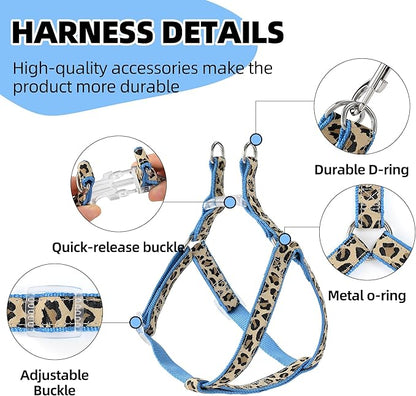 Mile High Life Leopard Dog Harness Collar Leash Set, Adjustable No Pull Dog Halter Harness for Small Breed Dogs, Easy Control for Training Walking (Blue, S Chest 11"-18", Neck 10"-14")