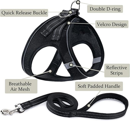 BOOMIBOO Dog Harness with Leash Set, No Pull Adjustable Reflective Step-in Puppy Pet Vest Harnesses for Small Medium Large Dogs and Cats,Black XS
