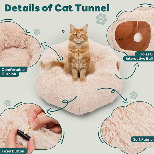 DUMOS Cat Tunnel Bed for Indoor Cats Cave Donut Play Tunnel, Soft Plush Peekaboo, Circle Cushion, Washable Multifunctional Playground Under Tree Pet Toys for Kittens, Puppy Rabbit, Ferret -Cream White