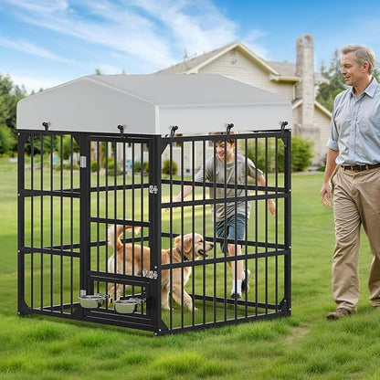 YITAHOME Outdoor Dog Enclosure with Rotating Feeder Bowls, 4'L x 4'W x 5'H Outside Dog Kennel with Roof, Heavy Duty Dog Cage for Small Medium Dogs