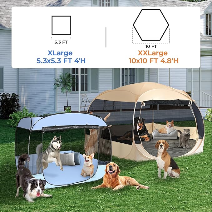 EighteenTek® XXLarge Popup Portable Dog Houses 10'x4.8'H Assembly-Free Gazebo-Style Dog Cot Cat Playpen Screen Pet Tent Sun Shade Shelter Dog Bed with Canopy for Outdoor Anti-Bugs with Leakproof Floor