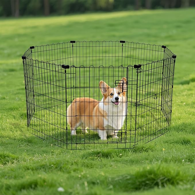 Amazon Basics Foldable Octagonal Metal Exercise Dog Playpen - Indoor/Outdoor, Single Door, Small (8 Panels, 24 x 30), Easy to assemble and store, 30" - Small, , Black