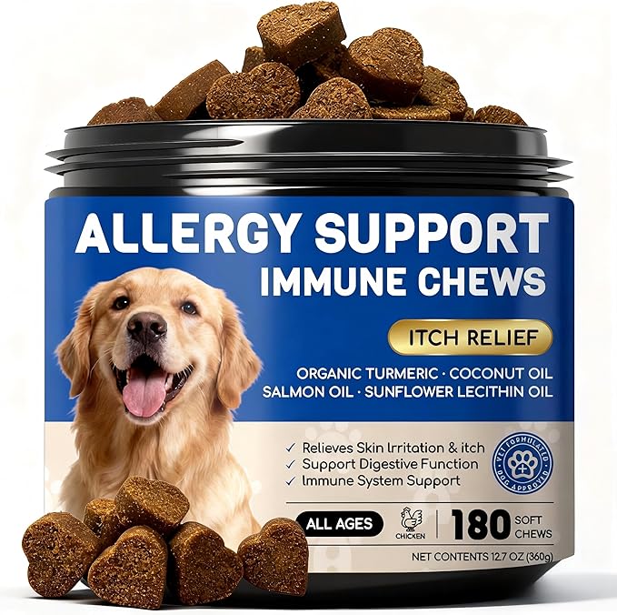 Dog Allergy Relief Chews - Dog Itching Skin Relief - 180 Chews - Anti-Itch, Hot Spots, Paw Licking - Immune Health - Omega 3 Fish Oil - Dry Itchy Skin and Coat Supplement