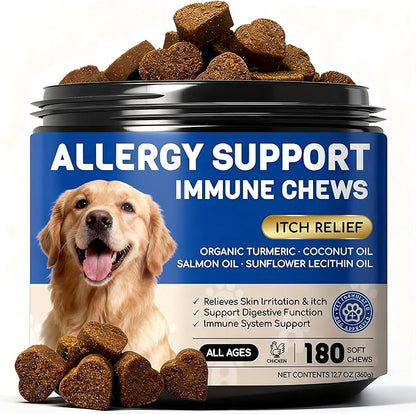 Dog Allergy Relief Chews - Dog Itching Skin Relief - 180 Chews - Anti-Itch, Hot Spots, Paw Licking - Immune Health - Omega 3 Fish Oil - Dry Itchy Skin and Coat Supplement
