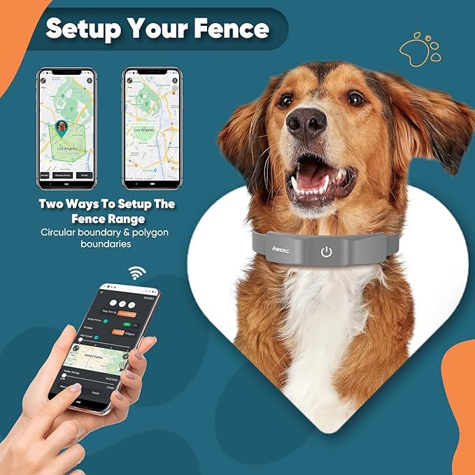 GPS Wireless Dog Fence with Free App, Electric Fence System with Training Collar, Portable Fence for Outdoor Use, Rechargeable Waterproof Flexiable Collar, Adjustable for Large Medium Dogs (Grey)