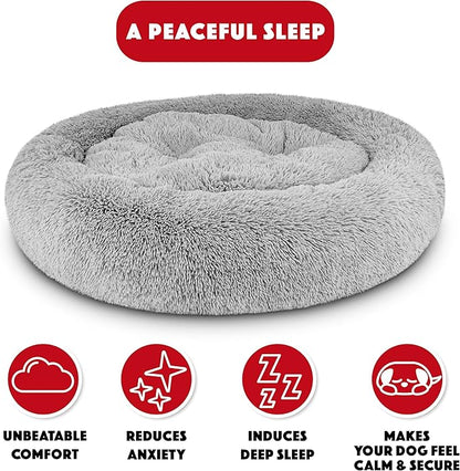 The Dog’s Bed Sound Sleep Donut Dog Bed, XL Silver Grey Fur Calming Nest Bed Removable Cover, Veterinary Approved