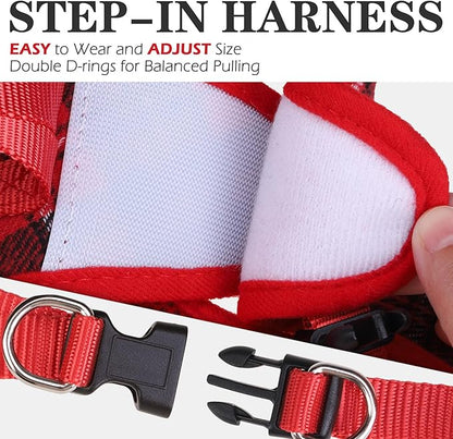 EXPAWLORER Classic Plaid Puppy Harness - Small Dog Harness and Leash Set - Dog Collar and Leash Set with AirTag Holder, Soft Padded Step in Dog Vest Harness No Pull Reflective for Outdoor, Red XXS