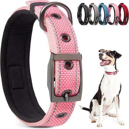 PetiFine Dog Collars for Small Dogs, Neoprene Padded Dog Collar, Reflective Heavy Duty Pet Collars with Durable Metal Belt Buckle for Walking, Pink, S