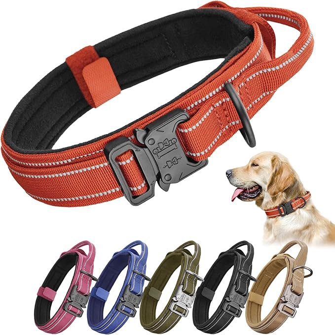 KCUCOP Tactical Dog Collar for Medium & Large Dogs - Military Nylon Heavy Duty Collar with Handle, Reflective Strip & Metal Buckle for Training, Outdoor (Orange Reflective, Medium)