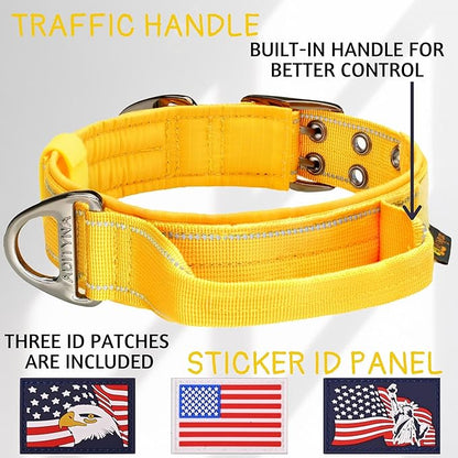 ADITYNA Heavy Duty Dog Collar for Extra-Large Dogs - Reflective Yellow Collar with Handle for Training, and Walking - Wide, Thick, Tactical, Soft Neoprene Padded