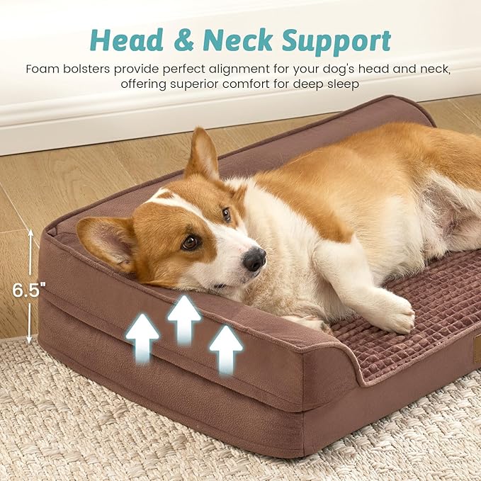 COZY KISS Orthopedic Dog Bed for Medium Small Size Dog, Dogs Crate Bed, L Shaped Foam Anti-Slip Bottom Pet Cat Sofa with Washable Removable Cover, Suitable for Pet Up to 40 lbs, 30x20x6.5 inch, Brown