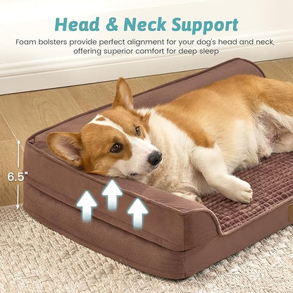 COZY KISS Orthopedic Dog Bed for Medium Small Size Dog, Dogs Crate Bed, L Shaped Foam Anti-Slip Bottom Pet Cat Sofa with Washable Removable Cover, Suitable for Pet Up to 40 lbs, 30x20x6.5 inch, Brown
