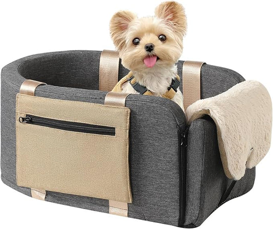 Cathpetic Console Dog Car Seat Cat Carrier - Pet Car Booster Seat on Cars' Armrest Travel Bags for Cats Dogs with Easy Carrying Strap Dog Travel Carrier with Safety Tethers
