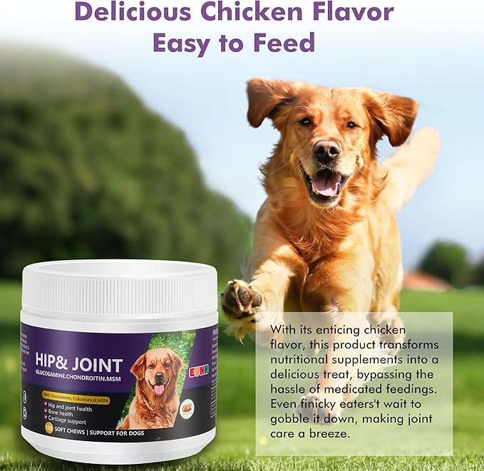 Glucosamine Chondroitin MSM Chewable Tablets for Dogs - Hip & Joint Support Supplement with Vitamins, Chicken Flavor, Joint Pain Relief for Puppies & Senior Dogs, 120 Count