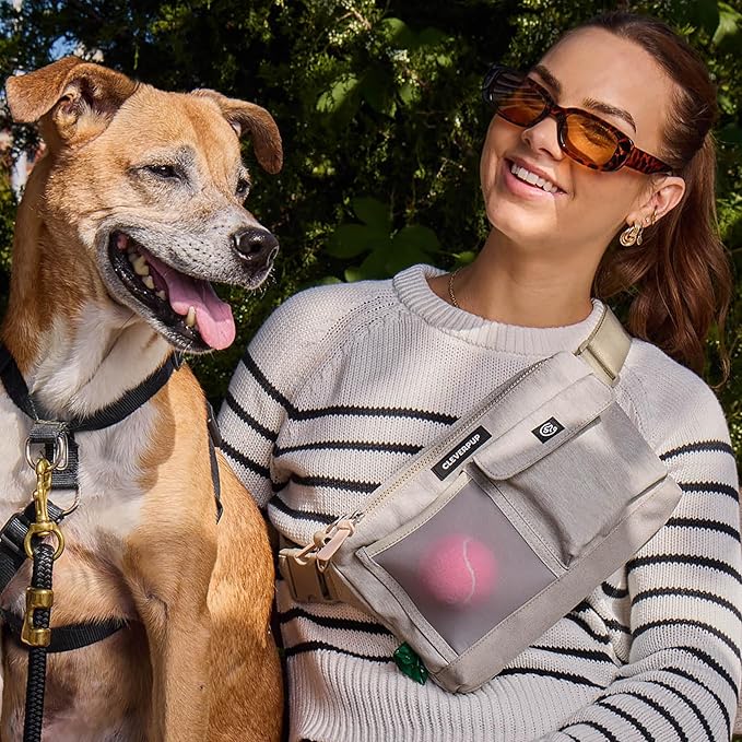 Cleverpup, Dog Walk & Train Sling Bag - Hands-Free 2-In-1 Treat Pouch, Poop Bag Holder, Clicker, Phone Pocket - Crossbody/Fanny Pack, Adjustable Strap - Sand