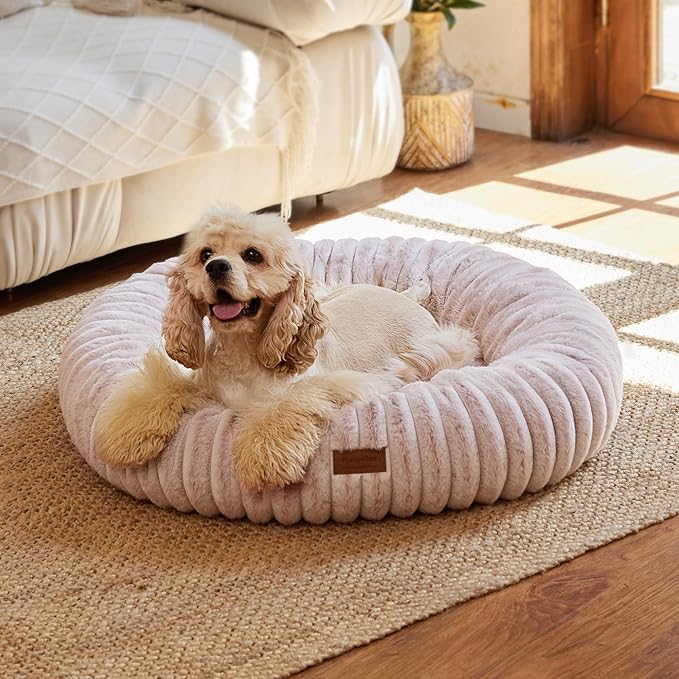 FUKUMARU Dog Bed, Calming Donut Dog Beds for Anxious Dogs, Modern Aesthetic Cat Bed with Gradient Print, Cute Round Pet Beds with Washable Cover, Orthopedic Puppy Bed, Camel, Medium, 30 inches