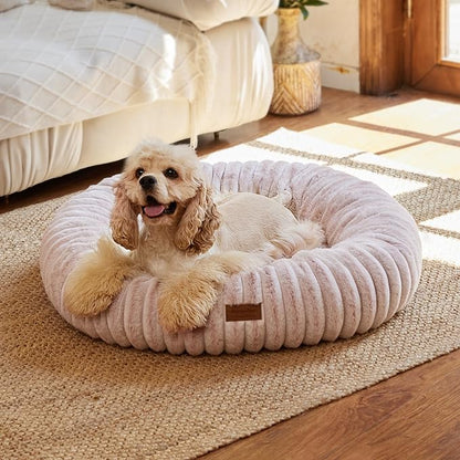 FUKUMARU Dog Bed, Calming Donut Dog Beds for Anxious Dogs, Modern Aesthetic Cat Bed with Gradient Print, Cute Round Pet Beds with Washable Cover, Orthopedic Puppy Bed, Camel, Medium, 30 inches