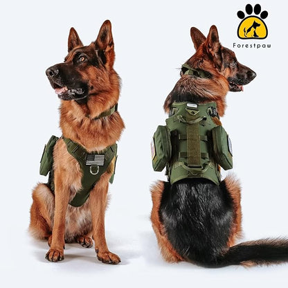 Forestpaw Tactical Dog Harness for Large Dogs,Tactical Dog Collar with Bungee Leash Set,No Pull Military Dog Harness for Walking Training,Adjustable for Medium Large Dogs,Green,Chest 21.5-45"