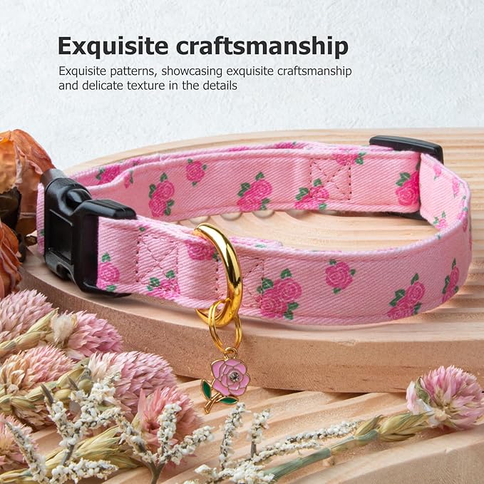 Cotton Handmade Dog Collar Cute and Distinctive Patterns Pink Rose with Pendant for Girl Boy Dogs Collars S