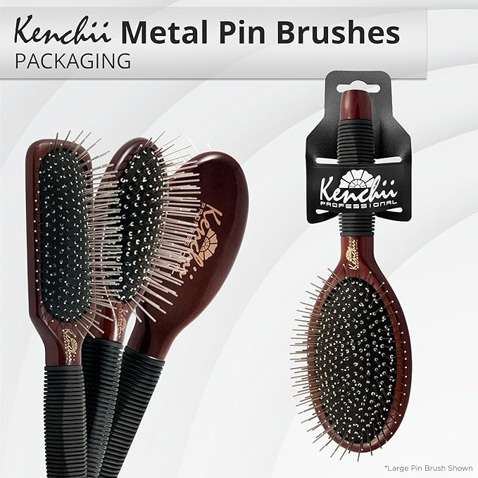 Kenchii Pet Grooming Metal Pin Brush for Dogs and Cats, Size Large, Solid Wood Handle, Non Slip Grip, Detangling and Shedding Brush for Long or Short Haired Pets, All Hair Type