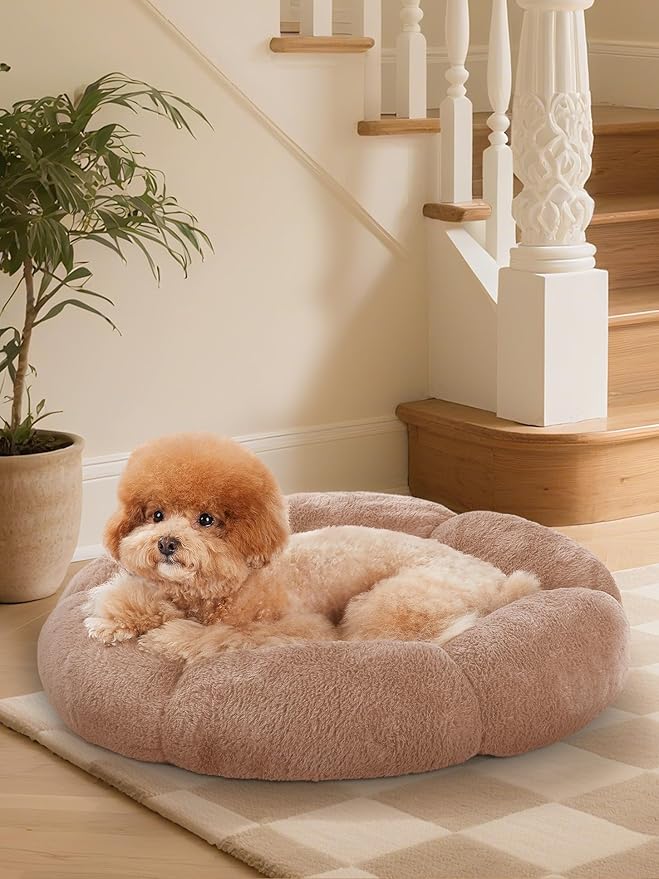 OhGeni 24 inches Calming Donut Dog & Cat Bed for Small Pets, Warming Comfort Fluffy Short Pile Fur, Durable Machine Washable, Cute Round Bed for Puppy and Kitten, Camel