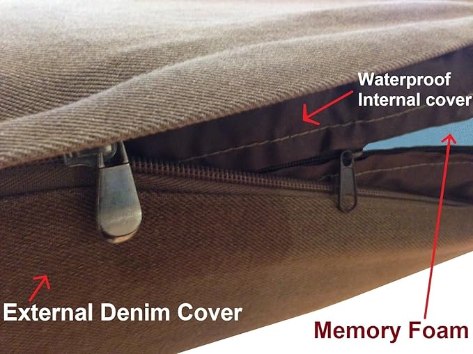 Dogbed4less True Orthopedic Memory Foam Dog Bed with Waterproof Liner for Medium to Large Pet, Heavy Duty Denim in Brown External Cover, Gel Cooling Human Grade XL 40"X35"X4" Pad