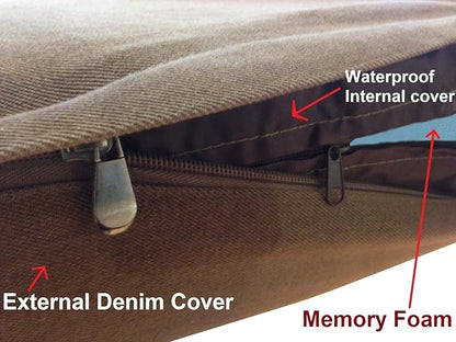 Dogbed4less True Orthopedic Memory Foam Dog Bed with Waterproof Liner for Medium to Large Pet, Heavy Duty Denim in Brown External Cover, Gel Cooling Human Grade XL 40"X35"X4" Pad