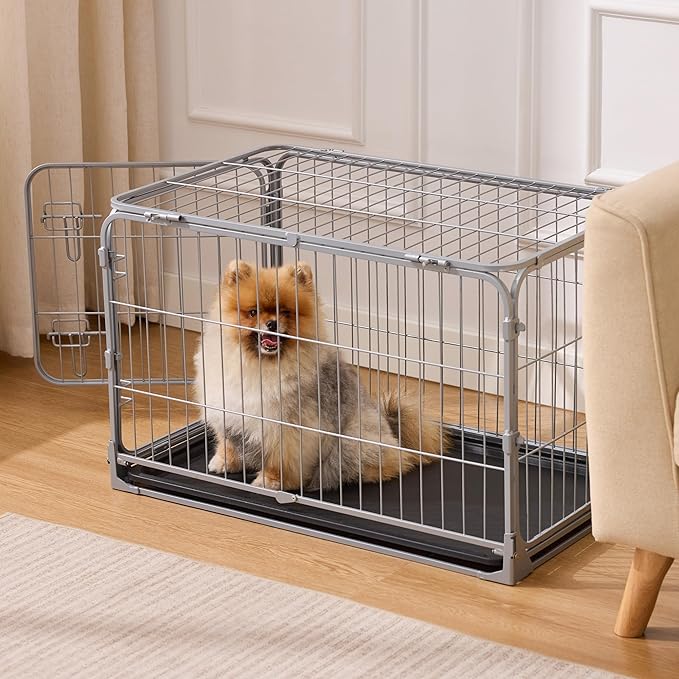 ZOMISIA Foldable Dog Crate for Small Dogs - 30 inch Escape-Proof Metal Kennel with Double Door, Easy Assembly Collapsible Cage with Removable Tray, Indoor Outdoor Use, Silver Gray