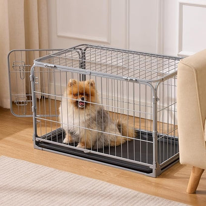 ZOMISIA Foldable Dog Crate for Small Dogs - 30 inch Escape-Proof Metal Kennel with Double Door, Easy Assembly Collapsible Cage with Removable Tray, Indoor Outdoor Use, Silver Gray