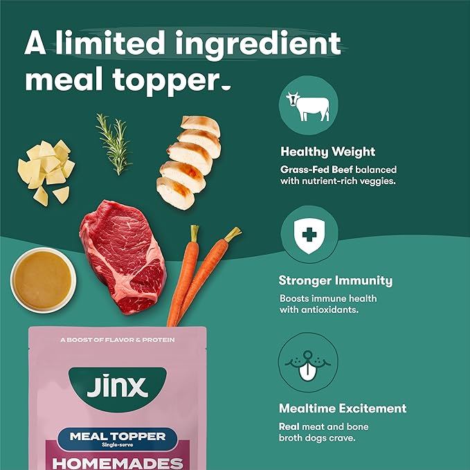 Jinx Beef & Chicken Wet Dog Food Pouches, Meal or Dog Food Topper Mix-in, Made with Real Beef & Chicken, Bone Broth, No Fillers - Puppy, Adult, Senior, 3oz, 8 Pack