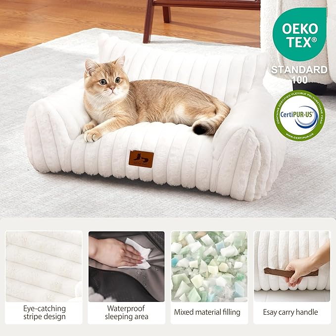 Warmrest Cat Couch for Pets, Cute Cat Bed with Cozy Soft Faux Rabbit Fur for Kitten, Fuzzy Cats Sofa for Indoor Cats, Supportive Pet Sofa with Removable Washable Cover, Cream, 24"