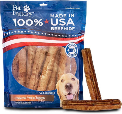 Pet Factory 100% Made in USA Beefhide 8" Rolls Dog Chew Treats - Peanut Butter Flavor, 15 Count/1 Pack