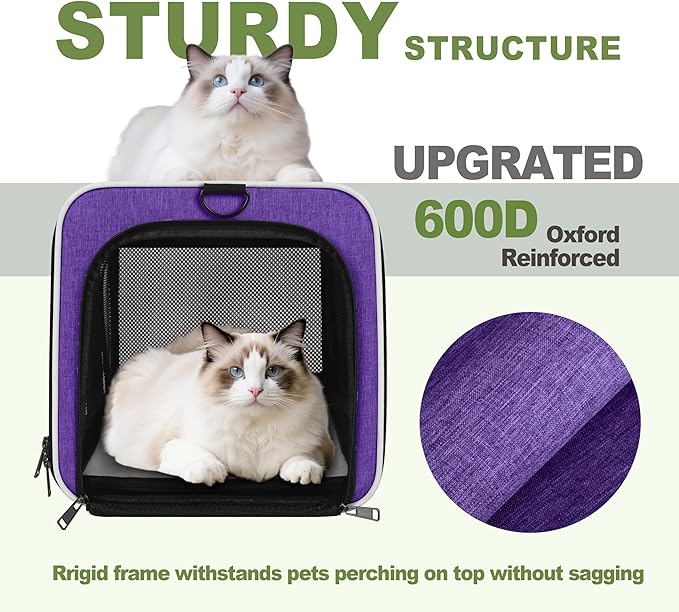GAPZER Per Carrier for Cat 18x11x11 Inch FAA Complaint, Kitten Taxi Top Load Soft Cloth Bag, Small Animal Portable in Cabin Crate Shih Tzu Dog Kennel Carry Case, 4-Sided-Ventilated Kitty Purse Purple