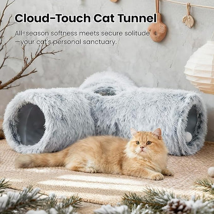 Tempcore Plush Cat Tunnel for Indoor Cats，Collapsible 3-Way Pet Tunnel Toy with Peek Holes for Cats, Kittens, Rabbits, Light Grey