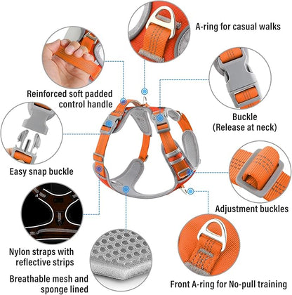 Plutus Pet No Pull Dog Harness, Release at Neck, Reflective Adjustable Dog Vest Harness, Easy Control Handle for Walking, for Small Medium Large Dogs, Orange, S