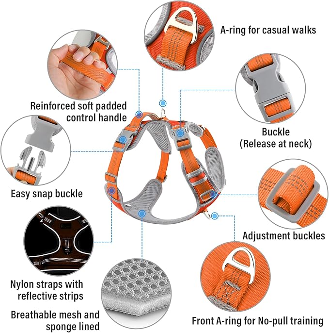 Plutus Pet No Pull Dog Harness, Release at Neck, Reflective Adjustable Dog Vest Harness, Easy Control Handle for Walking, for Small Medium Large Dogs, Orange, M