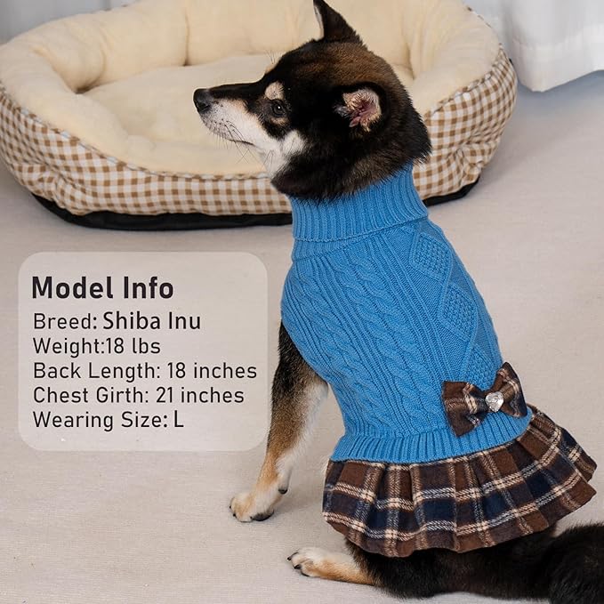 KYEESE Dog Sweater Soft Turtleneck Dogs Clothes with Bowtie Thick Dog Sweaters for Small Dogs Male Stretchy Knitwear Pet Sweater Dress Warm Pullover Pet Coats, Blue, X-Large