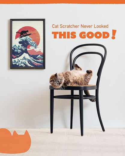 Decorative Wall Art Cat Scratcher for Vertical Scratching, 14"x20" Framed Sisal Scratch Pad Mat with Renter-Friendly No-Drill Wall Mounted Setup, Durable Alternative to Cardboard (The Cat Wave)