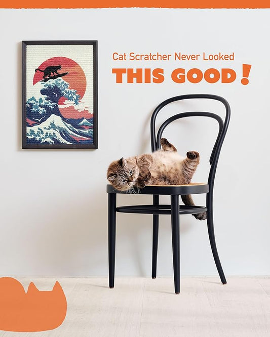 Decorative Wall Art Cat Scratcher for Vertical Scratching, 14"x20" Framed Sisal Scratch Pad Mat with Renter-Friendly No-Drill Wall Mounted Setup, Durable Alternative to Cardboard (The Cat Wave)