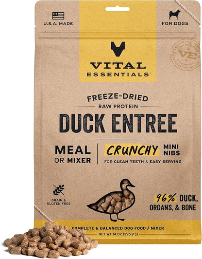 Vital Essentials Freeze-Dried Raw Dog Food, Duck Crunchy Mini Nibs | Complete Meal or Mixer | High Protein Dog Food | 14 oz