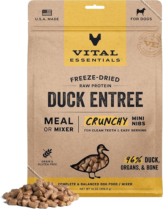 Vital Essentials Freeze-Dried Raw Dog Food, Duck Crunchy Mini Nibs | Complete Meal or Mixer | High Protein Dog Food | 14 oz