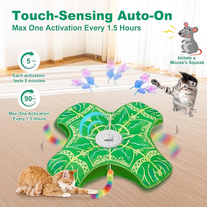Qraxond Interactive Cat Toys for Indoor Cats,[Newly Upgraded] Rechargeable Touch Activated Hide and Seek Kitten Toys for Bored Indoor Adult Cats with Fluttering (Green Cover Cloth Toy)