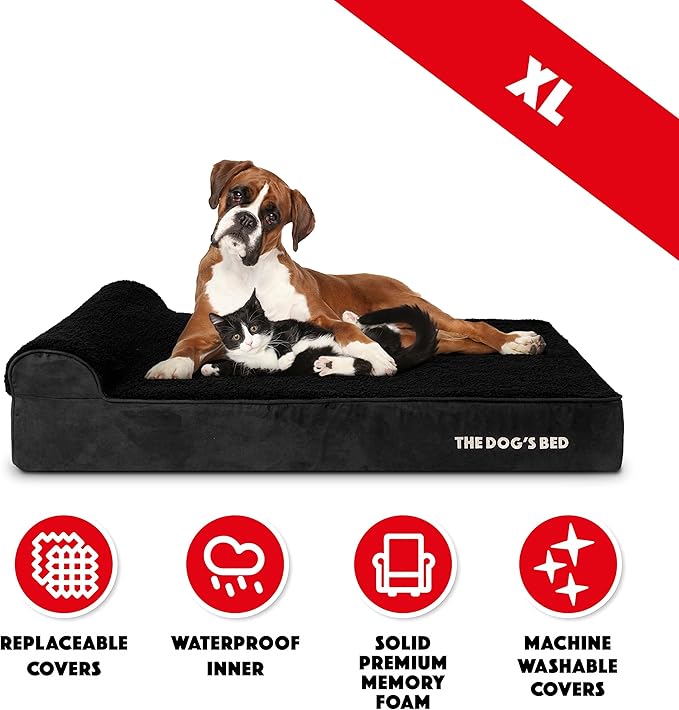 The Dog’s Bed Orthopedic Headrest Dog Bed XL Black Plush, Memory Foam, Pain Relief for Arthritis, Hip & Elbow Dysplasia, Post Surgery, Lameness, Waterproof Washable Cover, Veterinary Approved