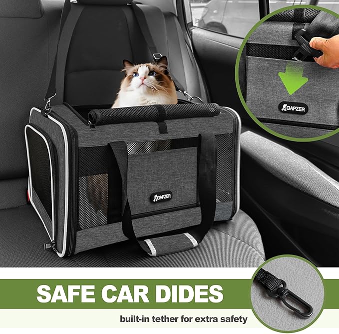 GAPZER Cat Carrier 18x11x11 Top Load Soft Pet Travel Bag Over 15 lbs, Collapsible Small Dog Puppy Crate 10 Pounds, Small Animal Rabbit Kennel Carrying Case, Kitten Mesh Cage Medium Cat Under 25 Grey