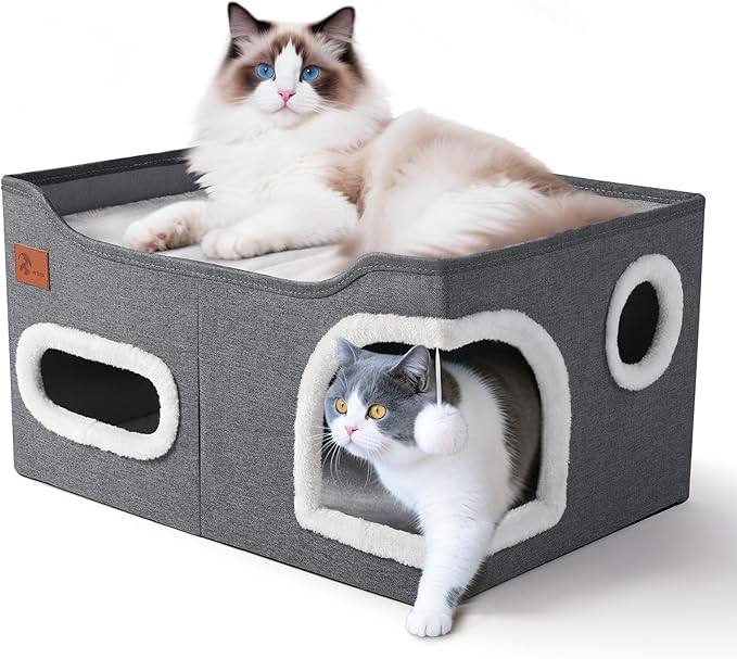 Petizer Cat House for Indoor Cats - Foldable Large Cat Bed Cave with Fluffy Ball and Scratch Pad, Cat Hideaway for Cats, Dark Grey, 23.8 x16.34 x12.8inch (Can Add Pet Heating Pad)