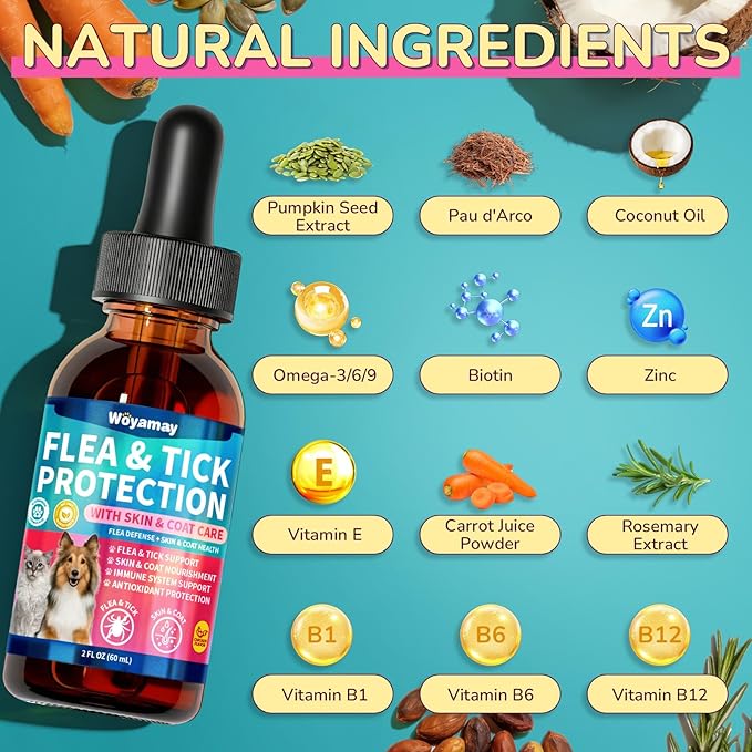 Woyamay Flea Defense + Skin & Coat Support, Natural Flea and Tick Prevention for Dogs & Cats, Dog & Cat Flea Treatment with Pumpkin Seed & Omega-3/6/9, Flea Drops for All Breeds & Ages, Chicken Flavor